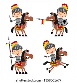 Set of funny knight in armor riding a horse in different poses isolated on white background.