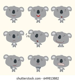 Set funny koala bear in different poses in cartoon style.