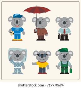 Set funny koala in different clothing: sportsman, worker, manager, summer, autumn, sleepwear.