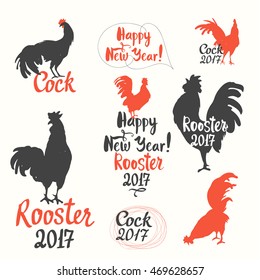 Set of funny labels with silhouette of cock in different poses on a white background. Sketch style. Vector illustration with roosters. Brush drawings.