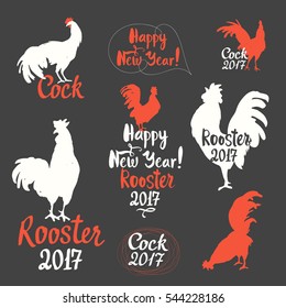 Set of funny labels with silhouette cock in different poses on a black background. Sketch style. Vector illustration roosters. Brush drawings.