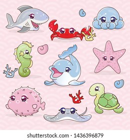 Set Funny Laughable Kawaii Marine Inhabitants. Sticker Pak Underwater World. Collection Marine Animals. Laughing Shark, Seahorse, Ramp, Octopus, Crab, Dolphin, Turtle, Starfish Cartoon.