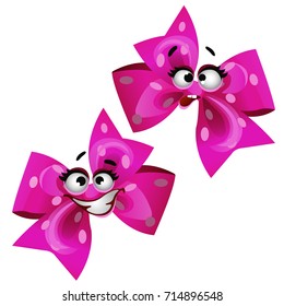 Set of funny laughing pink ribbon bow isolated on white background. Vector cartoon close-up illustration.