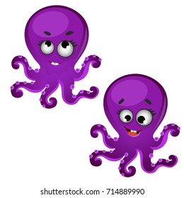 Set of funny laughing purple octopus isolated on white background. Vector cartoon close-up illustration.