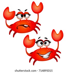 Set of funny laughing red crab isolated on white background. Vector cartoon close-up illustration.