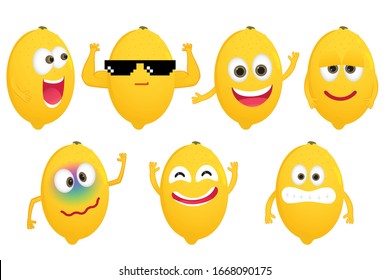 Set of funny lemon character isolated on white background. Vector cartoon faces with various emotions.