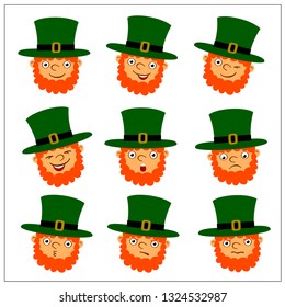 Set of funny leprechaun faces with different emotions for St. Patrick's Day.