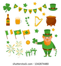 Set of funny leprechaun and irish holiday elements. Cute irish character. St. Patrick's Day. Leprechaun with different elements of Ireland culture - clover, beer, pot of gold, horseshoe.