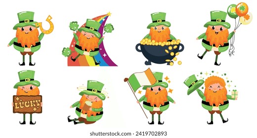 Set of funny leprechauns on white background. St. Patrick's Day 