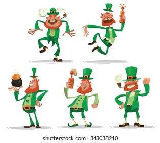 Set of Funny leprechauns with red beards in green clothes and top hats. Someone holding gold, someone drinking beer but all of they having fun, special for St. Patrick's day. vector