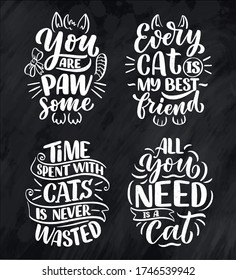 Mit lustigen Buchstaben-Zitaten über Katzen für den Druck in handgezeichnet Stil. Kreative Typografie-Slogans Design für Poster. Coole Vektorgrafik.