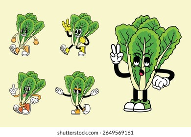 Conjunto de engraçado alface vegetal 70s personagens de quadrinhos retro