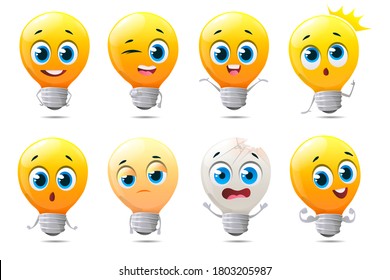 Set of funny light bulbs characters on white background. Light bulb idea with creative drawing set of different emotions, faces and with different actions. Vector illustration