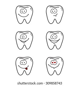 Set of funny line cartoon teeth with positive emotions