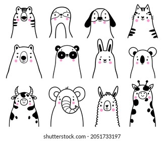 Set with funny lines animal portraits. Cute face and heads.Hand drawn style. Vector illustration