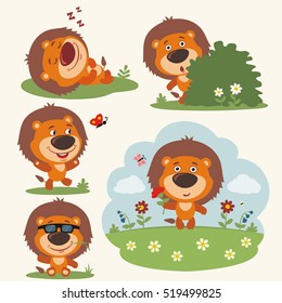 Set of funny lion in different poses on summer meadow with flowers in cartoon style.
