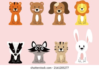 Set Of Funny Little Animals. Vector Stock Illustration. Badger, Tiger, Skunk, Dog, Raccoon, Cat, Rabbit, Bear. Pink Background