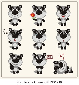 Set of funny little badger in different poses and emotions in cartoon style.
