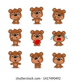 Set of funny little bear in different poses and emotions isolated on white background