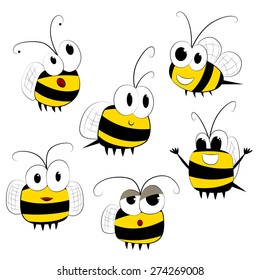 Set of funny little bees with different emotions. Cute cartoon characters. Design elements. Isolated