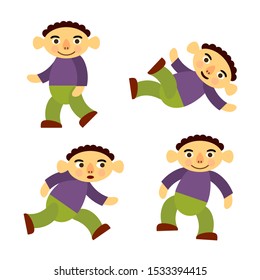 Set of funny little boy jumps, walks, runs and rolls on the floor