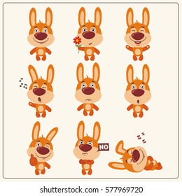 Set of funny little bunny rabbit in different poses and emotions in cartoon style.