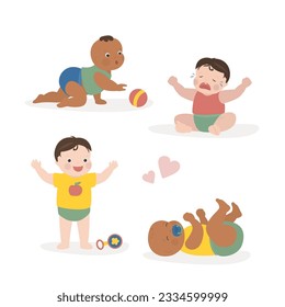 Set of funny little children. Multiethnic Infant kids with pacifier, rattle, toy. Newborn children lie, sit, crawl and crying. Kids collection isolated on white background. flat vector illustration