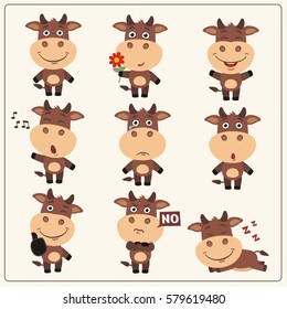 Set of funny little cow in different poses and emotions in cartoon style.