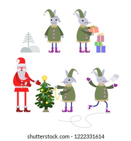 Set of funny little cute rabbit working as Santa's helper and ice-skate