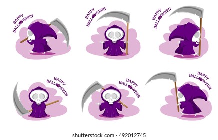 Set of funny little death with a large scythe in different poses with title Happy Halloween isolated on white background. Skulls, skeletons, bones. Cartoon style. Vector illustration