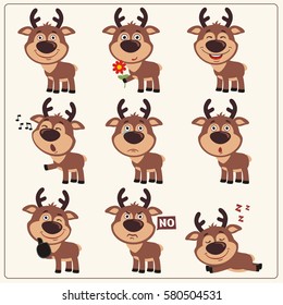 Set of funny little deer in different poses and emotions in cartoon style.