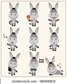 Set of funny little donkey in different poses and emotions in cartoon style.