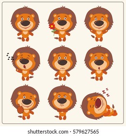 Set of funny little lion in different poses and emotions in cartoon style.