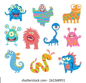 Set of funny little monsters. Funny cartoon character. Vector illustration. Isolated on white background