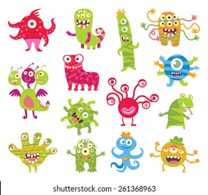 Set of funny little monsters. Funny cartoon character. Vector illustration. Isolated on white background