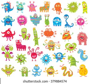 Set of funny little monsters. Seamless ornament. Funny cartoon character. Vector illustration. Isolated on white background. Big Set