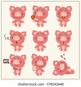 Set of funny little pig in different poses and emotions in cartoon style.