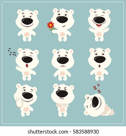 Set of funny little polar bear in different poses and emotions in cartoon style.