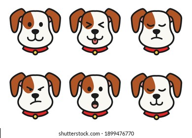 Set of funny little puppy dog in different poses and emotions in cartoon style. Cartoon vector Illustration of funny Dogs expressing emotions set