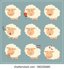 Set of funny little sheep in different poses and emotions in cartoon style.