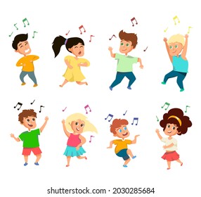 Set of funny little singing kids on white background. Cartoon vector illustration. Cute and happy children dancing and singing. Cheerful boys and girls having fun. Party, dance, hobby, art concept