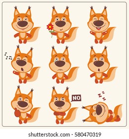 Set of funny little squirrel in different poses and emotions in cartoon style.