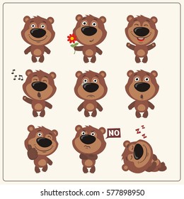 Set of funny little teddy bear in different poses and emotions in cartoon style.