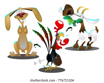 Set of funny livestock characters. rabbit, rooster, and goat cartoon vector