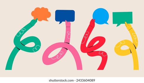 Set of funny long hand holding a speech bubble. Colorful vector illustration