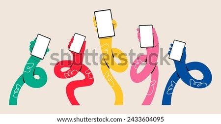 Set of funny long hand holding a telephone. Colorful vector illustration