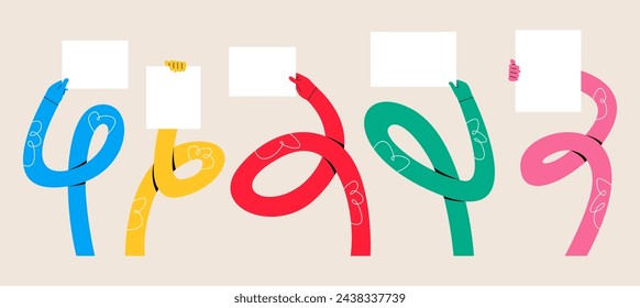 Set of funny long hands holding a blank placards. Colorful vector illustration