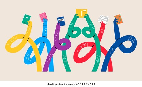 Set of funny long hands holding a books. Colorful vector illustration