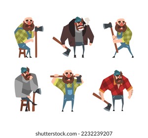 Juego de divertidos chaquetones sosteniendo hachas. Poderosos leñadores o leñadores personajes masculinos ilustración vectorial de dibujos animados