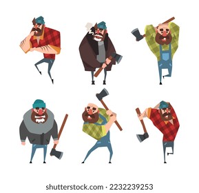 Juego de divertidos chaquetones sosteniendo hachas. Dibujo vectorial de los personajes masculinos de los registradores o leñadores